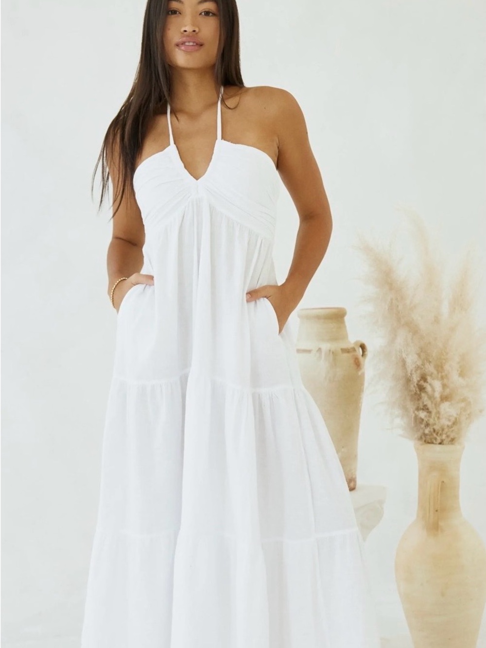 White Halter Tiered Maxi Dress with Pockets